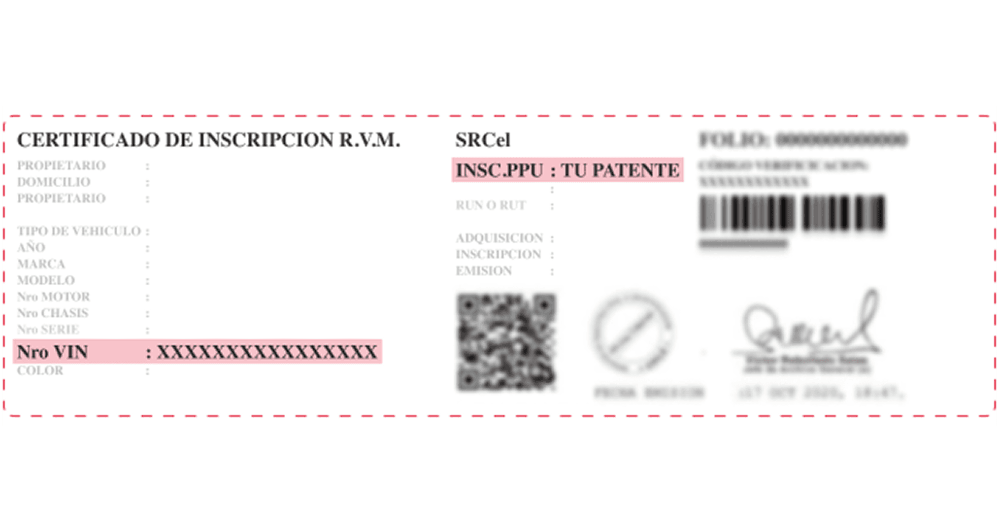Certificado de inscripción del vehículo con campos resaltados